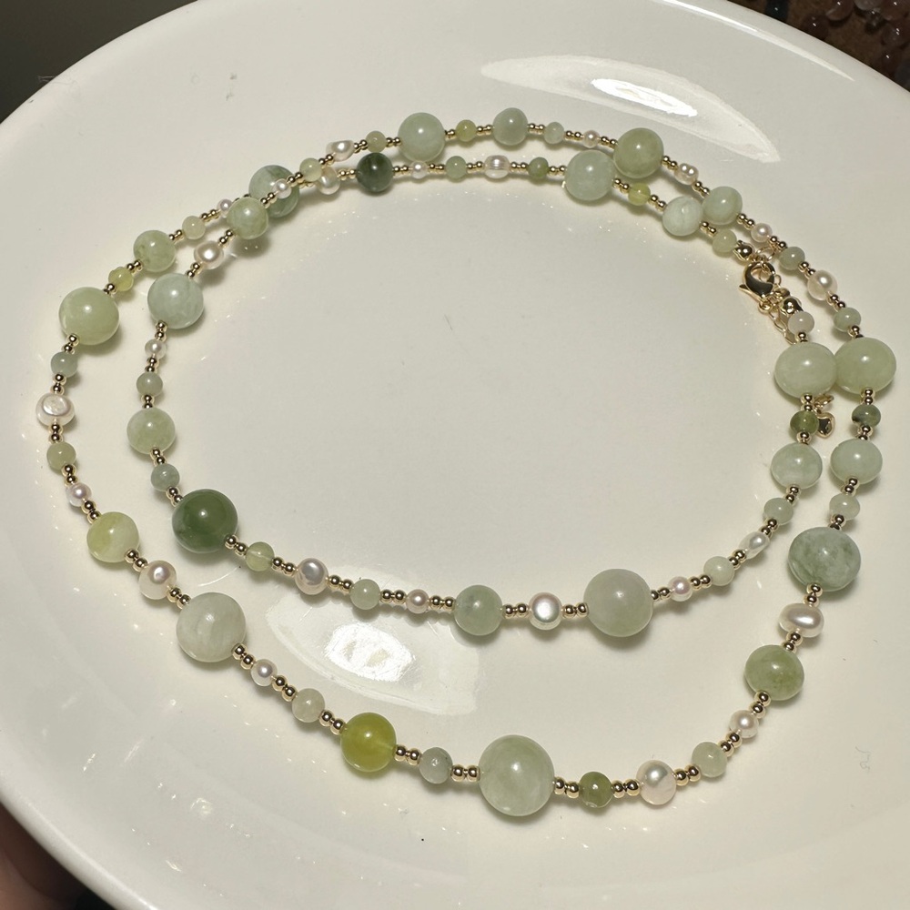 Elegant Green Jade Beads and Freshwater Pearl Necklace 20 holiday special